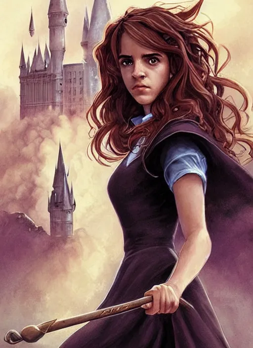 Image similar to hermione! granger! at hogwarts!! by emma watson. beautiful detailed face. by artgerm and greg rutkowski and alphonse mucha