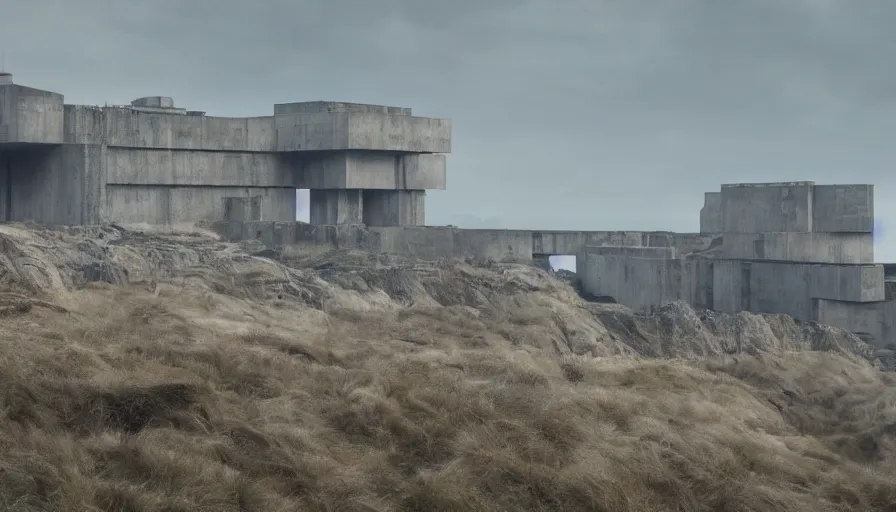 Image similar to big brutalist imperial military base on cliffs, drawing architecture, very long shot, top angle, imperial architecture in rogue one, pritzker architecture prize, brutalism architecture, jan urschel, greig fraser