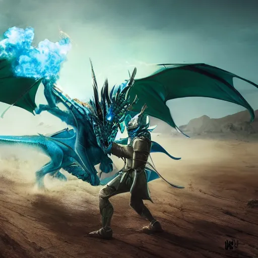 Image similar to blue knight vs dragon, green car in desert, fine art, battle, duel, sword, breathing fire, cgsociety, trending, realistic, fantasy, 4 k, artstation