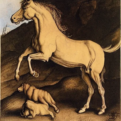 Prompt: a rearing wild stallion, by albrecht-durer