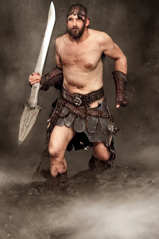 Image similar to Travis Willingham is a Goliath Barbarian, wielding a battleaxe, realistic cinematic shot, , subtle fog and mood lighting