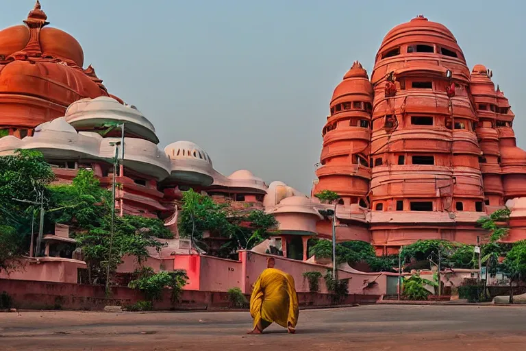 Image similar to beautiful dreamscape! biomorphic new delhi, hanuman!! head building, kalighat, octane sharp cinematic, stephen shore & john j. park, soft morning light, wide shot, high angle, uhd 8 k, shallow depth of field