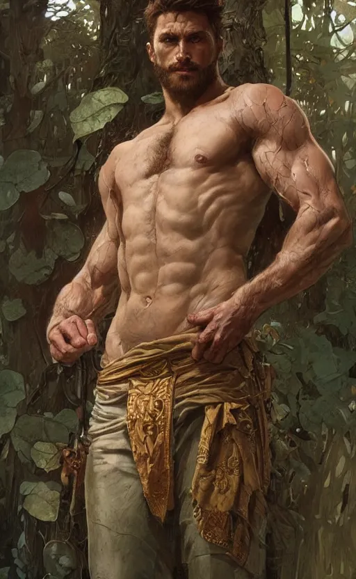 Image similar to god of the forest, 3 0 years old, rugged, male, gorgeous, detailed face, amazing, thighs!!!!!!, muscular, intricate, highly detailed, digital painting, artstation, concept art, sharp focus, illustration, art by greg rutkowski and alphonse mucha