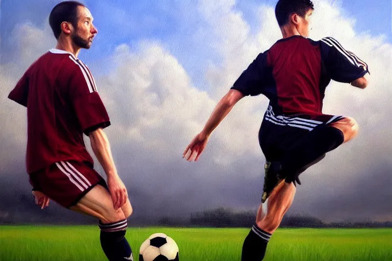 Image similar to ( ( a beautiful 8 k photorealistic masterpiece oil painting ) ( of ( a man playing soccer in age of empire game ) ) ) ( hyperrealism ) ( 1 6 k ) ( trending on artstation )