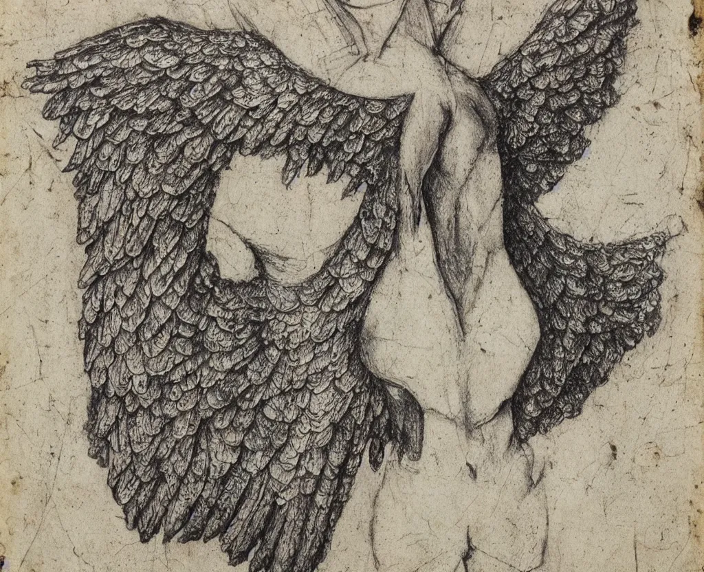 Image similar to ancient majestic, regal, humanoid creature, fantasy, angel wings, torso and head, bust, musculature, diagram, sketchbook, greys anatomy book, etching, intaglio, on old distressed parchment paper,