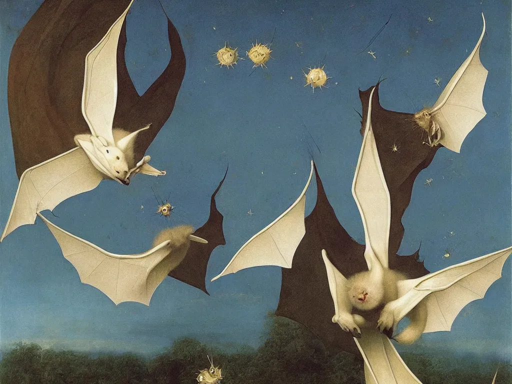 Image similar to beautiful exotic white fluffy bat, long antennae, giant ears. Night, fireflies. Painting by Jan van Eyck, Audubon, Rene Magritte, Agnes Pelton, Max Ernst, Walton Ford