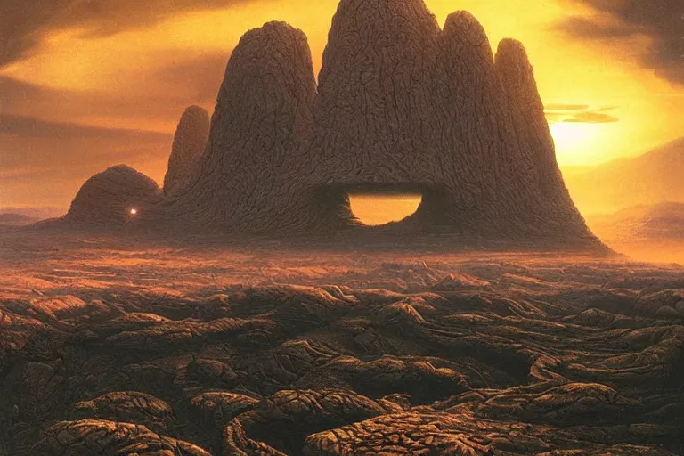 Image similar to strange breathtaking alien landscape, matte painting by david a. hardy, surreal, vivid colors