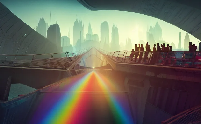 Prompt: incredible, mindblowing, refugees crossing a beautiful bridge made of rainbow hardlight, floating city in the sky, matte painting, artstation, cgsociety, dramatic lighting, concept art, octane render, arnold 3 d render