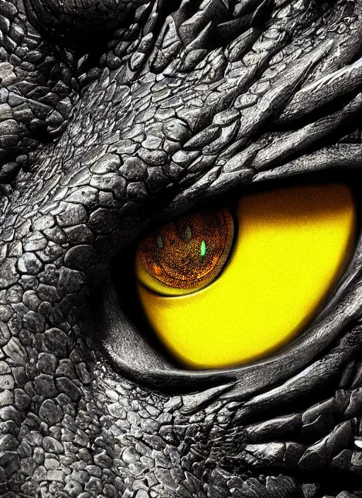 Image similar to closeup portrait of black dragon head with yellow eyes, ultra realistic, fantasy, magic, dnd,