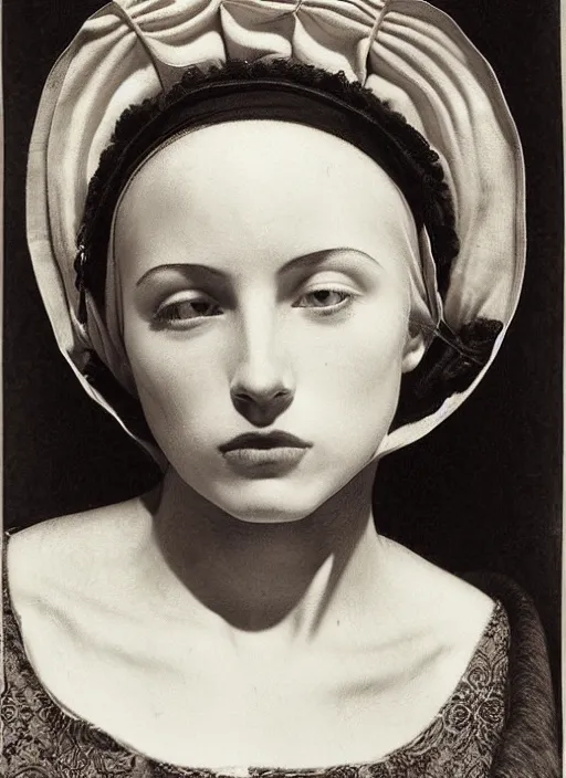 Prompt: portrait of young woman in renaissance dress and renaissance headdress, art by edward weston