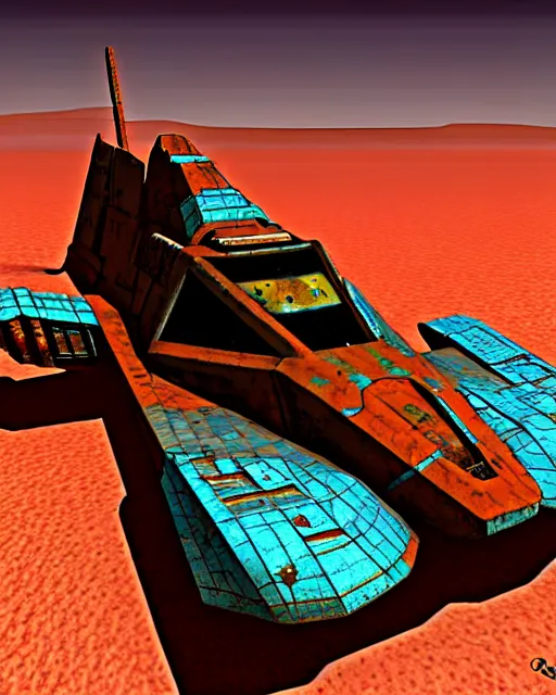 Prompt: a rusty starship in the desert in the style of chris foss and rodger dean