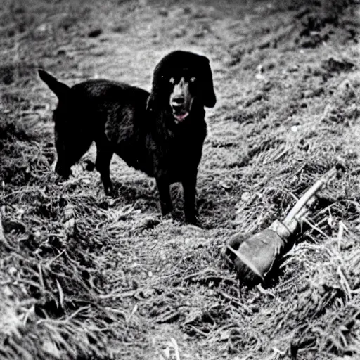 Prompt: black dog, fluffy ears, plastic trench, 1 9 4 0 war photography