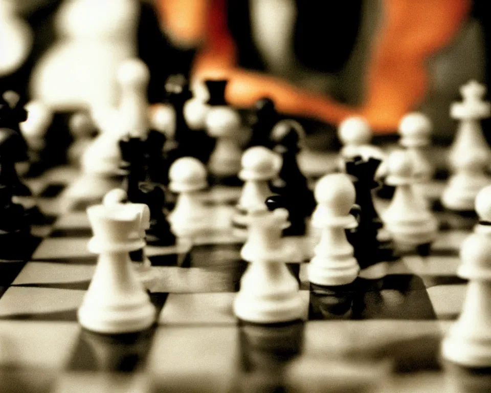 Image similar to an 8 0 s action film still of a humanoid black chess pawn killing a white chess king. action scene. vhs.
