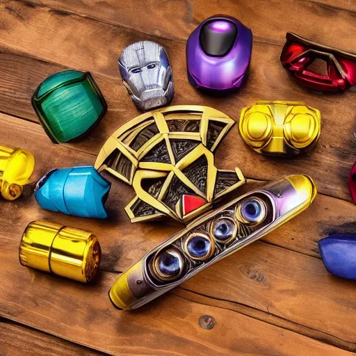 Image similar to infinity gauntlet with 6 infinity stones from marvel superheroes but it is made out of wood, 8k, super detailed, highly detailed, sharp focus, epic lighting, award winning photography, 8kHdR