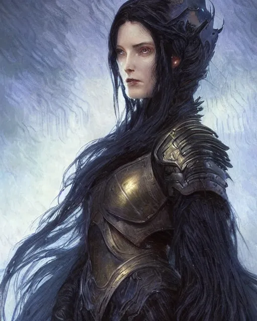 Image similar to a beautiful woman dark hair in an armor with dark eyes, elegant, dark blue, ethereal horror fantasy art by greg rutkowski and magali villeneuve and claude monet, detailed face