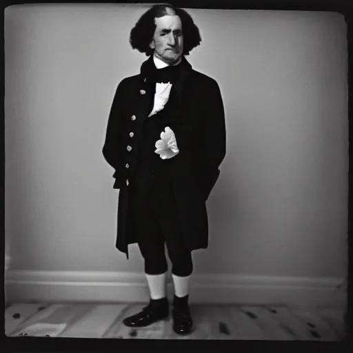 Prompt: photo of bald George Washington by Diane Arbus, 2022, black and white, high contrast, Rolleiflex, 55mm f/4 lens