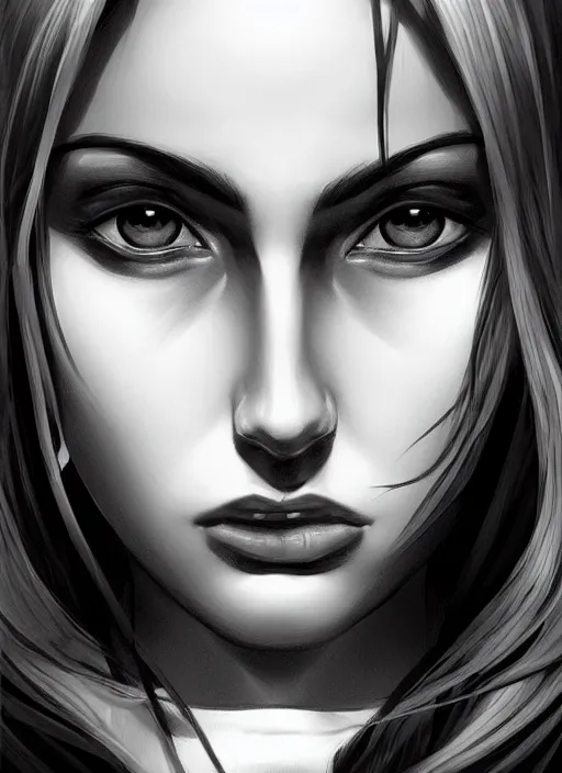 Prompt: up close portrait of a beautiful woman in black and white, art by diego fazio and diegoKoi and oscar Ukono, concept art, sharp focus, artgerm, 8k highly detailed