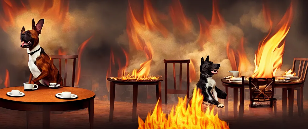 Image similar to a photograph (flash on) of a relaxed anthropomorphic dog sitting on a chair at a dinner table (no fire at all there), surrounded by flames, cup of coffee on the table, huge fire on this dining room in the background, a lot of flames behind the dog, black smoke instead of the ceiling, no watermark