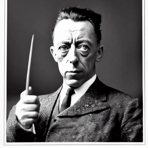 Image similar to 8k black and white photograph portrait of Albert Camus making a silly face. National Geographic. Hilarious.