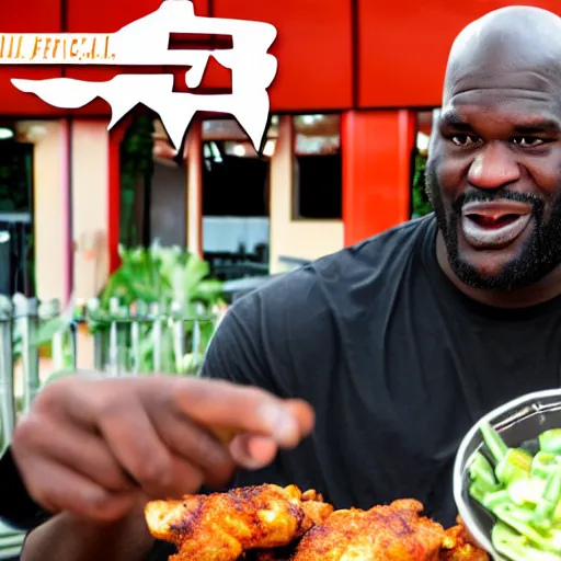 Prompt: Shaquille O'neil eating hot spicy chicken wings, 4k UHD picture