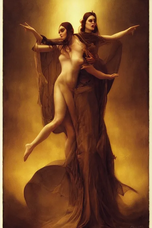Prompt: the witch and her twin dance in the golden fields by roberto ferri and tom bagshaw, based on austin osman spare