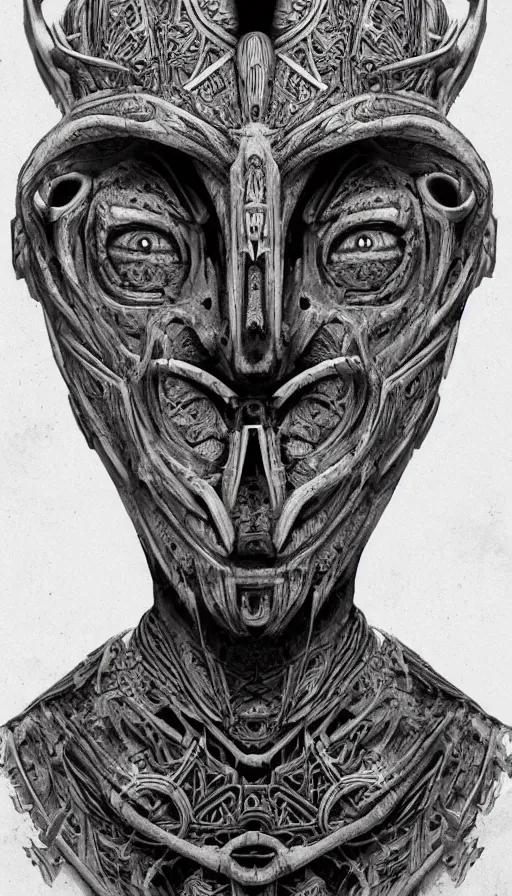 Image similar to ancient biomechanical hybrid aztec fantasy beautiful shaman symmetrical human face immortal mask tattoo pattern concept, teonanacatl glyph, intricate artwork by, Johnatan Wayshak, Zdizslaw Beksinski, face by Artgerm, H.R. Giger, very coherent artwork, cinematic, hyper realism, high detail, octane render, unreal engine, 8k, High contrast, higly detailed black ink outline, crosshatch sketch gradient