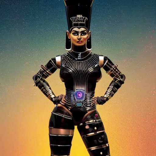 Prompt: full body portrait of the thicc Egyptian Android Pharaoh Queen, by DC comics and Sandra Chevrier and beeple, artstation, volumetric lighting, hyperrealism, hyper detailed futuristic royalty, strong and muscular, award winning costume design, cybernetic bionic ancient cyborg, fashion show runway, futuristic fine textures, woven with electricity, high fashion superpowers, dust particles, mystic haze, greg rutkowski, Tooth Wu, 4k UHD, 35mm