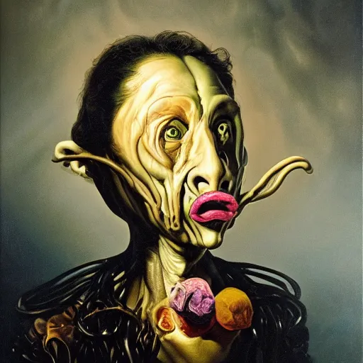 Image similar to refined gorgeous colorful blended oil painting with black background by christian rex van minnen rachel ruysch dali todd schorr of a chiaroscuro portrait of an extremely bizarre disturbing mutated man with shiny skin acne intense chrome reflections chiaroscuro cast shadows obscuring features dramatic lighting perfect composition masterpiece