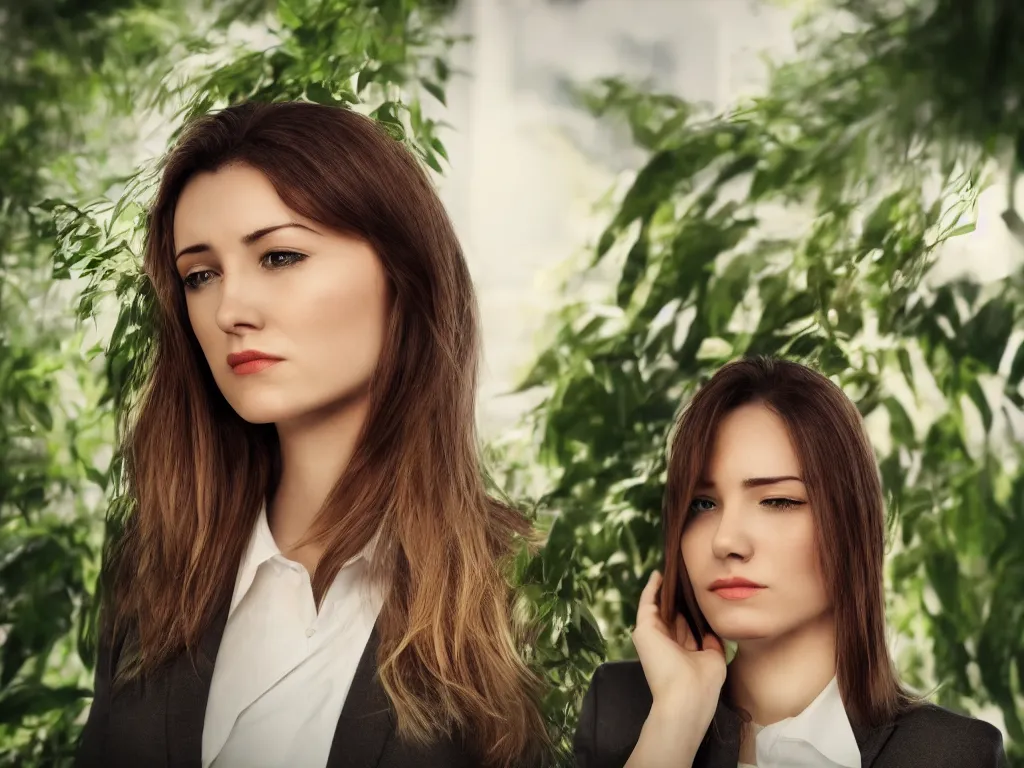 Image similar to woman thinking, close up, head tilted, wearing business suit, portrait pose, beside window, green foliage in background, bokeh, backlighting, stock photo, 4k, octane render, photorealistic