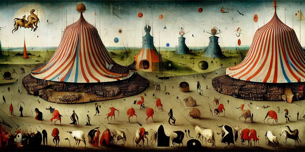 Prompt: a beautiful painting of an elaborate circus by hieronymous bosch and beeple