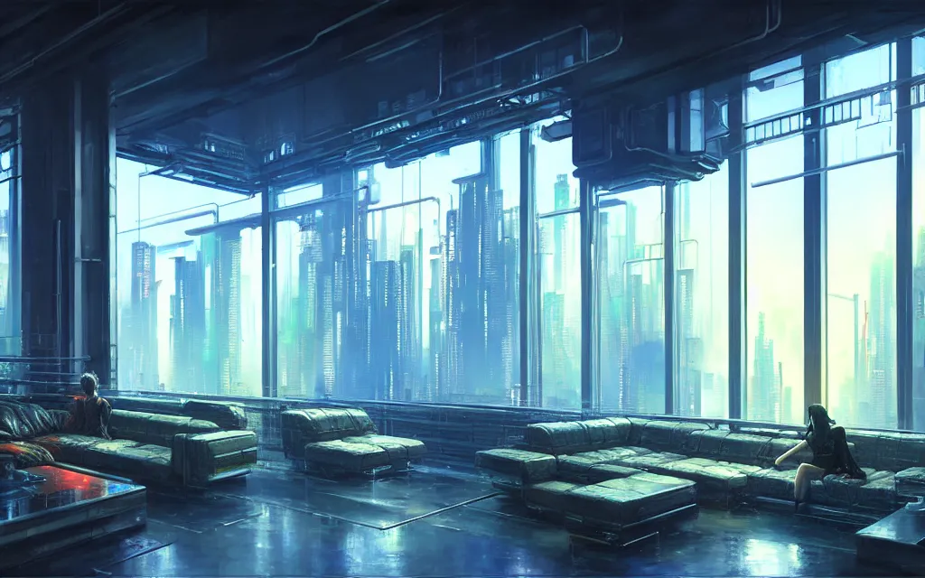 Image similar to cyberpunk loft lounge with tall windows, no people, city in background, drawn by feng zhu, sparse plants, dim painterly lighting volumetric aquatics, impasto