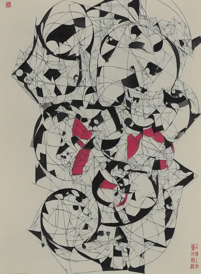 Prompt: helium by m. c. escher, endre rozsda, wu guanzhong. ink and wash painting, vibrant, calligraphy, woodblock, ink, geometric, 3 d.