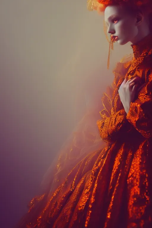 Image similar to a model wearing baroque and fururistic clothing, luxury materials, macro photography, long exposure photograph, surrealism, anamorphic bokeh, cozy, soft light, cyan and orange, caustic, atmospheric fog, octane render, cinematic