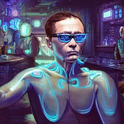 Prompt: Concept Digital Art of highly detailed blue luminescent man with diamond skin with very detailed face in futuristic Inuit Glasses living his life in Middle aged tavern in cyberpunk Interior design style by Stephen Hickman and Beeple. Very highly detailed 8K,Pentax 67, Kodak Portra 400 in style of Hiromasa Ogura Ghost in the Shell, the golden ratio, rational painting