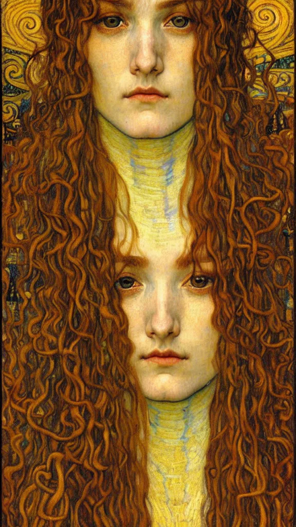 Image similar to detailed realistic beautiful young medieval queen face portrait by jean delville, gustav klimt and vincent van gogh, art nouveau, symbolist, visionary, gothic, pre - raphaelite, muted earthy colors, desaturated