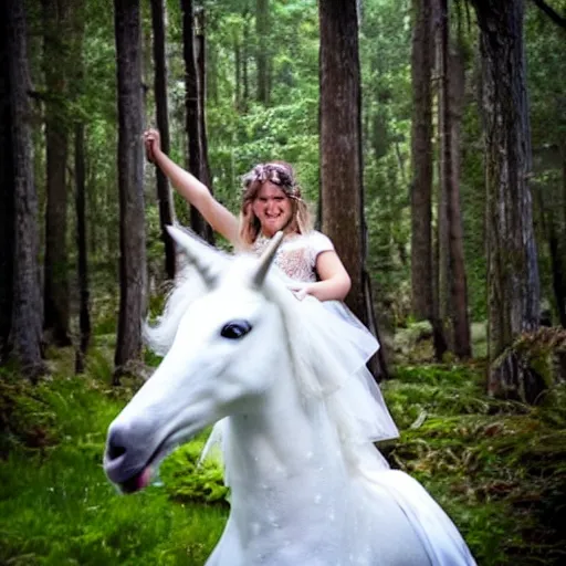 Image similar to a girl in a wedding dress riding a unicorn in the forest, trending on attestation