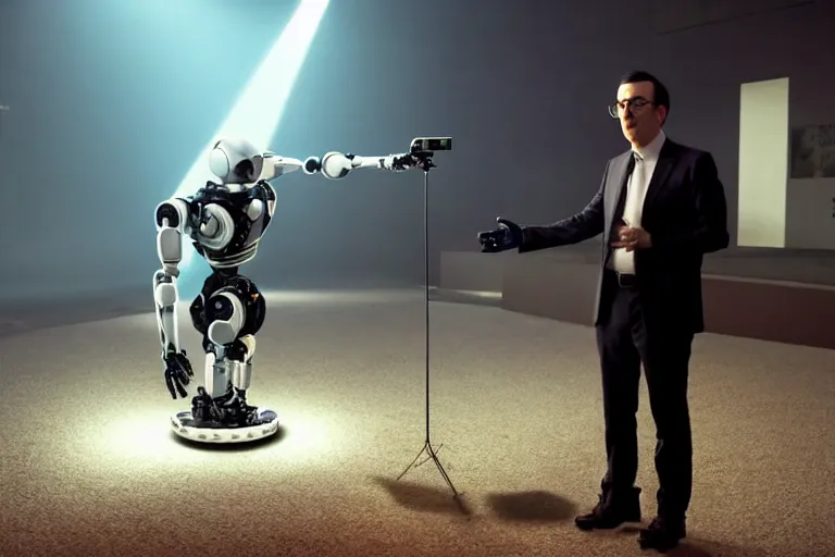 Image similar to vfx film closeup, john oliver interviewing a robot, flat color profile low - key lighting award winning photography arri alexa cinematography, hyper real photorealistic cinematic, atmospheric cool colorgrade