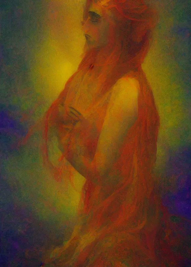 Image similar to serene deva of the golden blood mythos beloved (dreamy) gnostic fog, award winning oil painting, chromatic aberration sharp colors