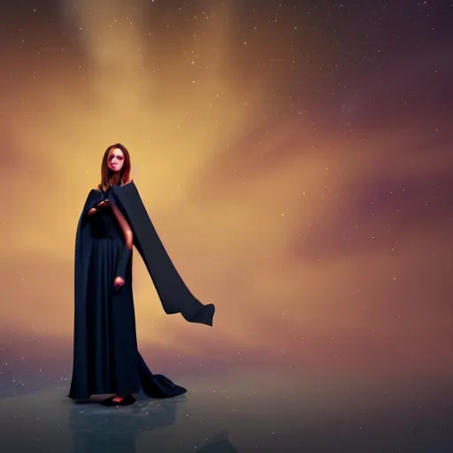 Prompt: woman wearing a cape made of the night sky, full body, elegent, portrait, octane render, radiant lighting, digital painting