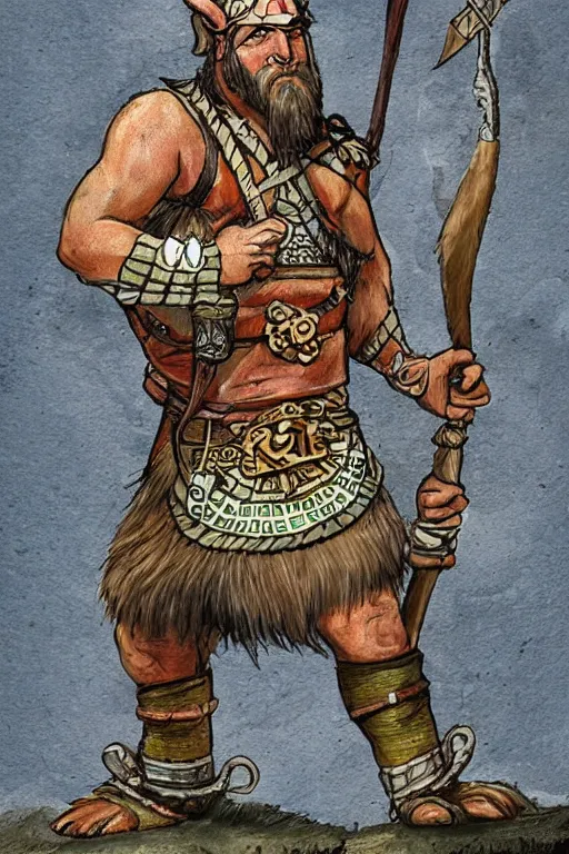 Image similar to full body character concept art of Seohaid of the Murine Hordes, a La Tene Culture Celtic chieftain and warrior, resplendent and proud of bearing. Has a one-eyed rat as a familiar. Eoghaill is the leader of an Comlagh Naomh a group of Iron Age Celtic mercenaries. high quality high detail realistic painting in the style of Angus McBride, Rebecca Guay, and Michael William Kaluta.