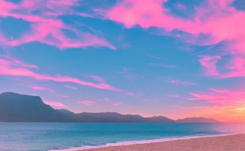 Image similar to beatiful landscape of the beach and mountains behind, vaporwave, sunset, photo