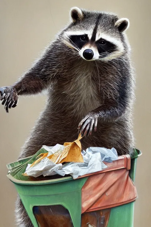 Image similar to anthropomorphic raccoon taking out the trash, oil on canvas, intricate, portrait, 8k highly professionally detailed, HDR, CGsociety