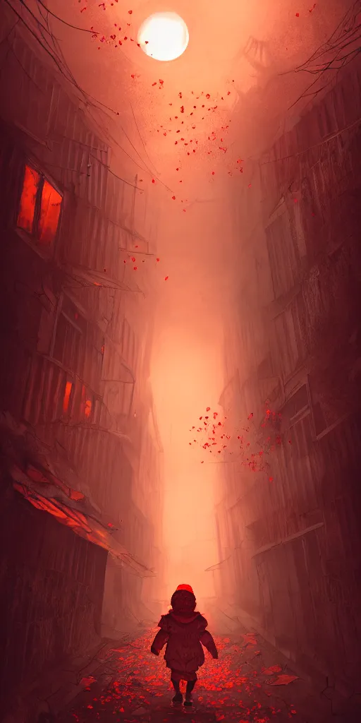 Image similar to abandoned apocalyptic old alley filled with monsters with a kid at the centre, trees and stars background, falling petals, epic red - orange sunlight, perfect lightning, illustration by niko delort,