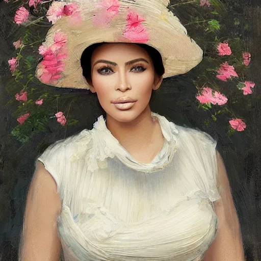 Image similar to happy very thick paint brush strokes paint texture full body fashion model kim kardashian by Jeremy Lipking by Hasui Kawase by Richard Schmid (((smokey eyes makeup eye shadow fantasy, glow, shimmer as victorian woman in a long white frilly lace dress and a large white hat having tea in a sunroom filled with flowers, roses and lush fern flowers ,intricate, night, highly detailed, dramatic lighting))) , high quality