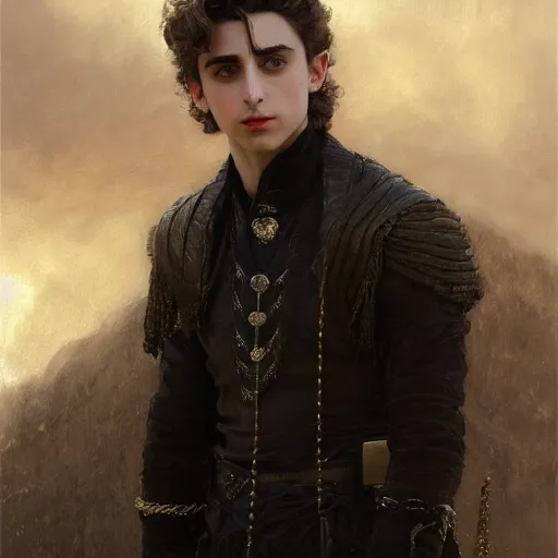 Prompt: detailed realistic cinematic wide shot of beautiful attractive muscular timothee chalamet with beard white hair gold chain wearing military general clothes slim face symettrical face clean skin black eyes black robe smooth, sharp focus, ultra realistic, spring light, painting by gaston bussiere, craig mullins, j. c. leyendecker