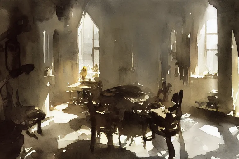 Image similar to abstract watercolor painting of hedonic scandinavian thief house interior, in stone, low ceiling, magical and traditional, cinematic light, national romanticism by anders zorn, by greg rutkowski, by greg manchess