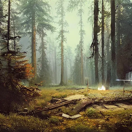 Prompt: mysterious glowing nuclear reactor, woods and wilderness, Ivan Shishkin and Greg Rutkowski