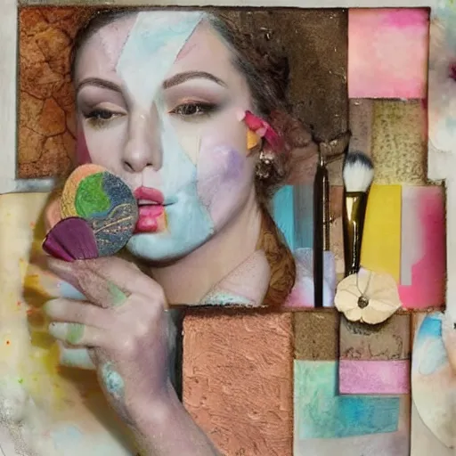 Prompt: mixed media collage with canvas texture, woman applying make - up in a mirror. pastel colours, pressed flowers