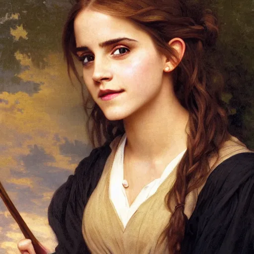 Prompt: Painting of Emma Watson as Hermione Granger. Wearing a golden H necklace. Smiling. Happy. Cheerful. Art by william adolphe bouguereau. During golden hour. Extremely detailed. Beautiful. 4K. Award winning.