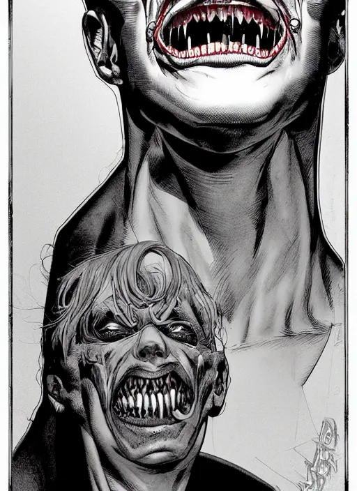 Image similar to aesthetic digital illustration of a handsome grinning young man by brian bolland, rachel birkett, alex ross, and neal adams | dark, scary, character concept, concept art, unreal engine, finalrender, centered, deviantart, artgerm